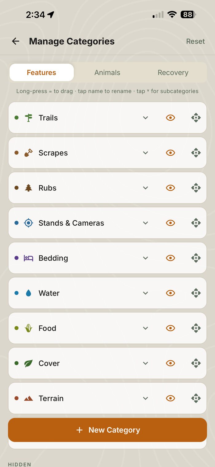 OUTMARK manage categories screen with custom categories