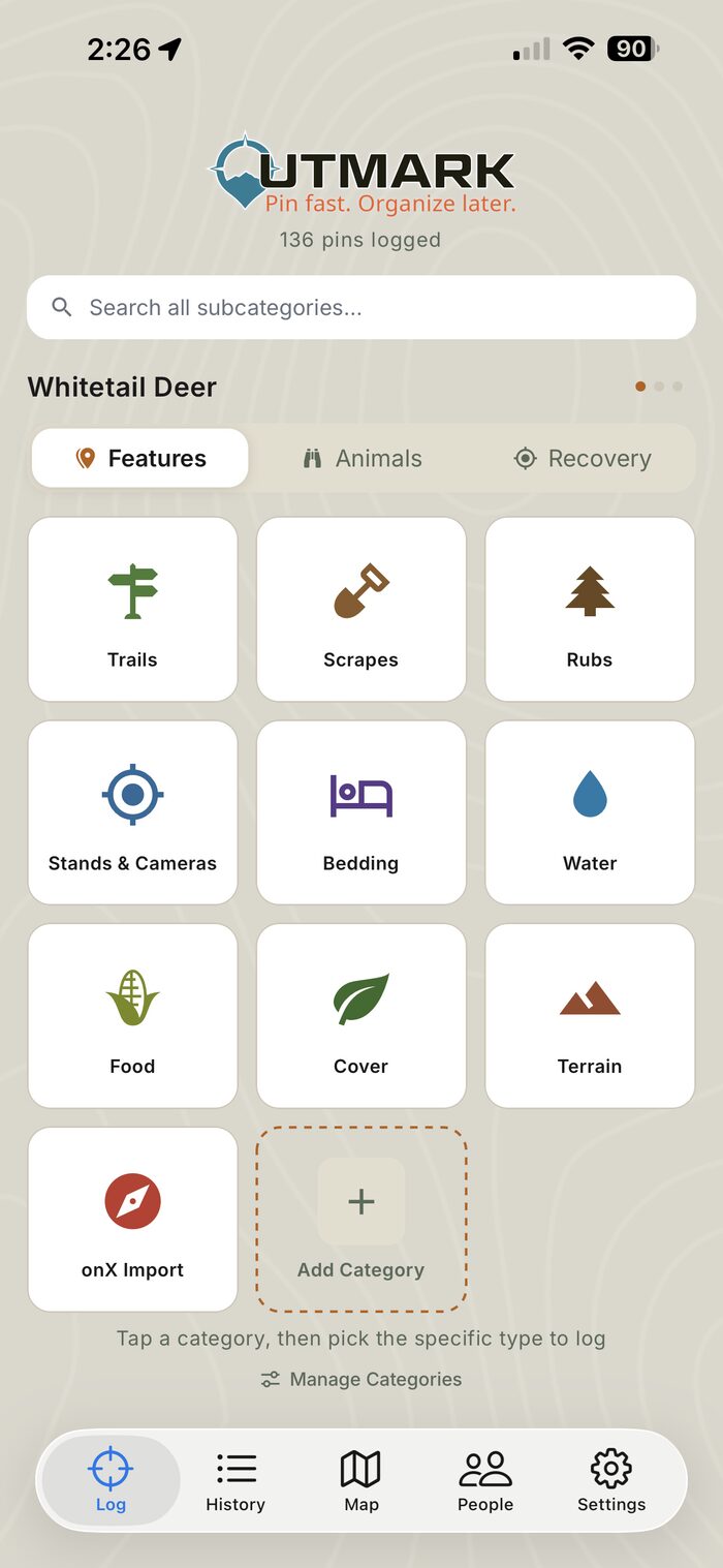 OUTMARK one-tap log screen with category grid