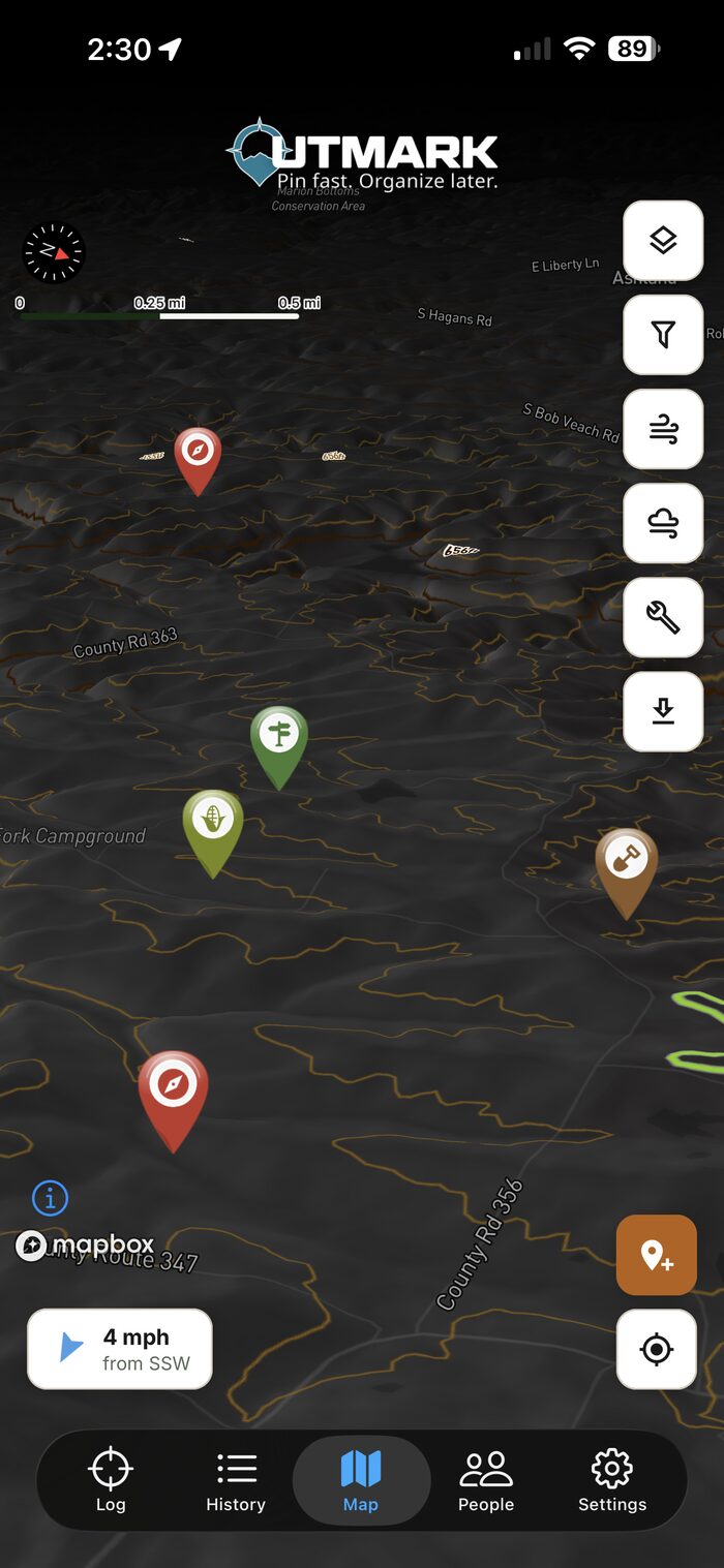 OUTMARK satellite map with pins, routes and wind
